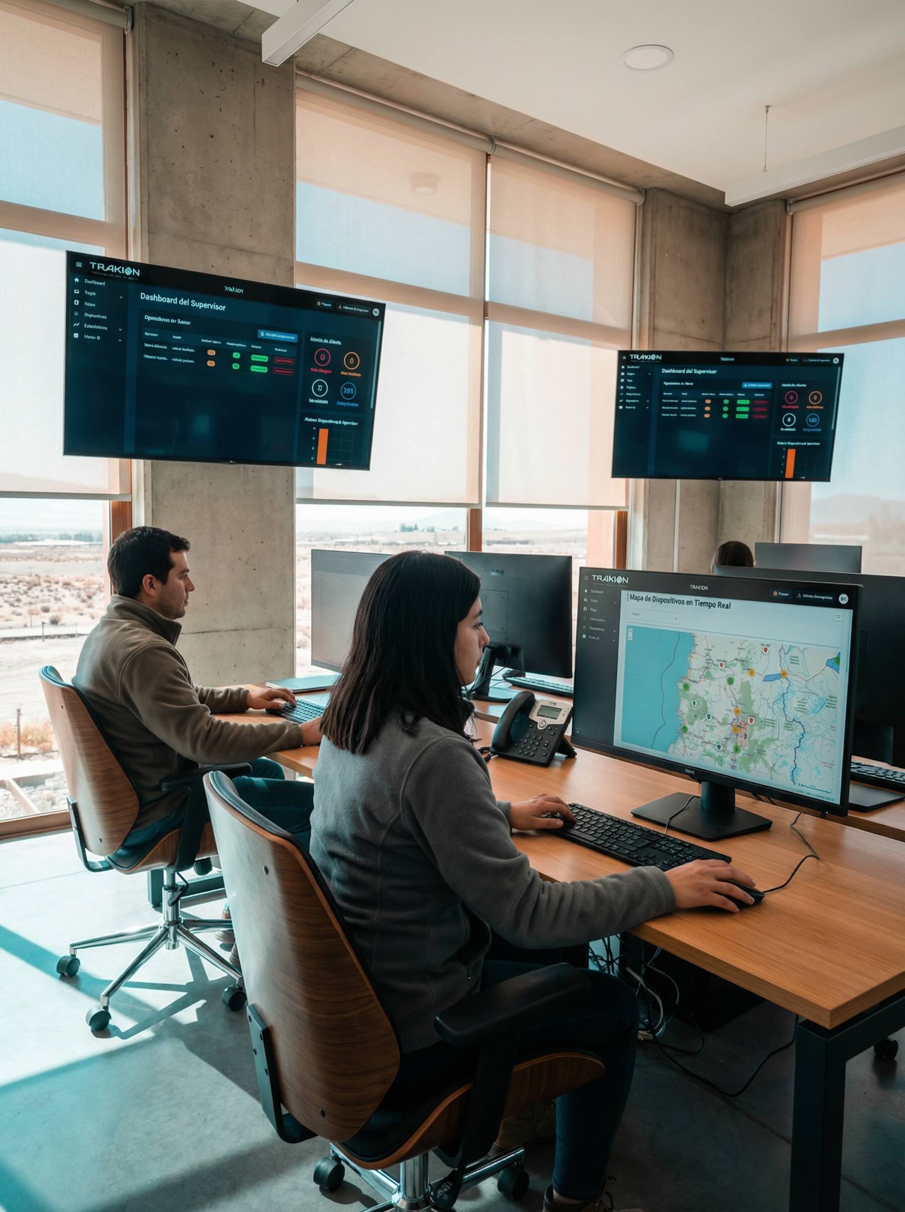 Monitoring center with the Trakion fleet management platform on screen