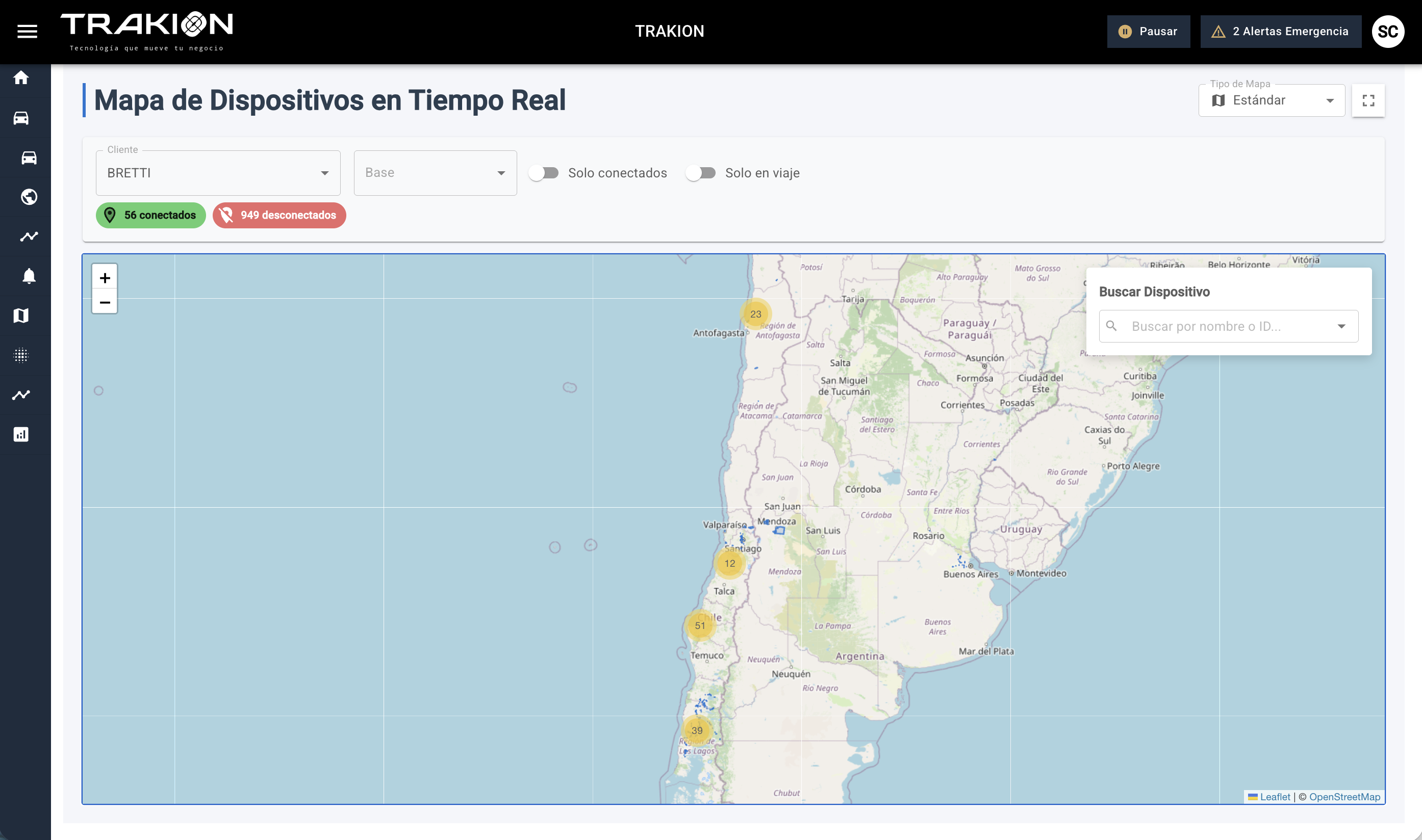 Real-time GPS device map — Trakion fleet monitoring platform Chile