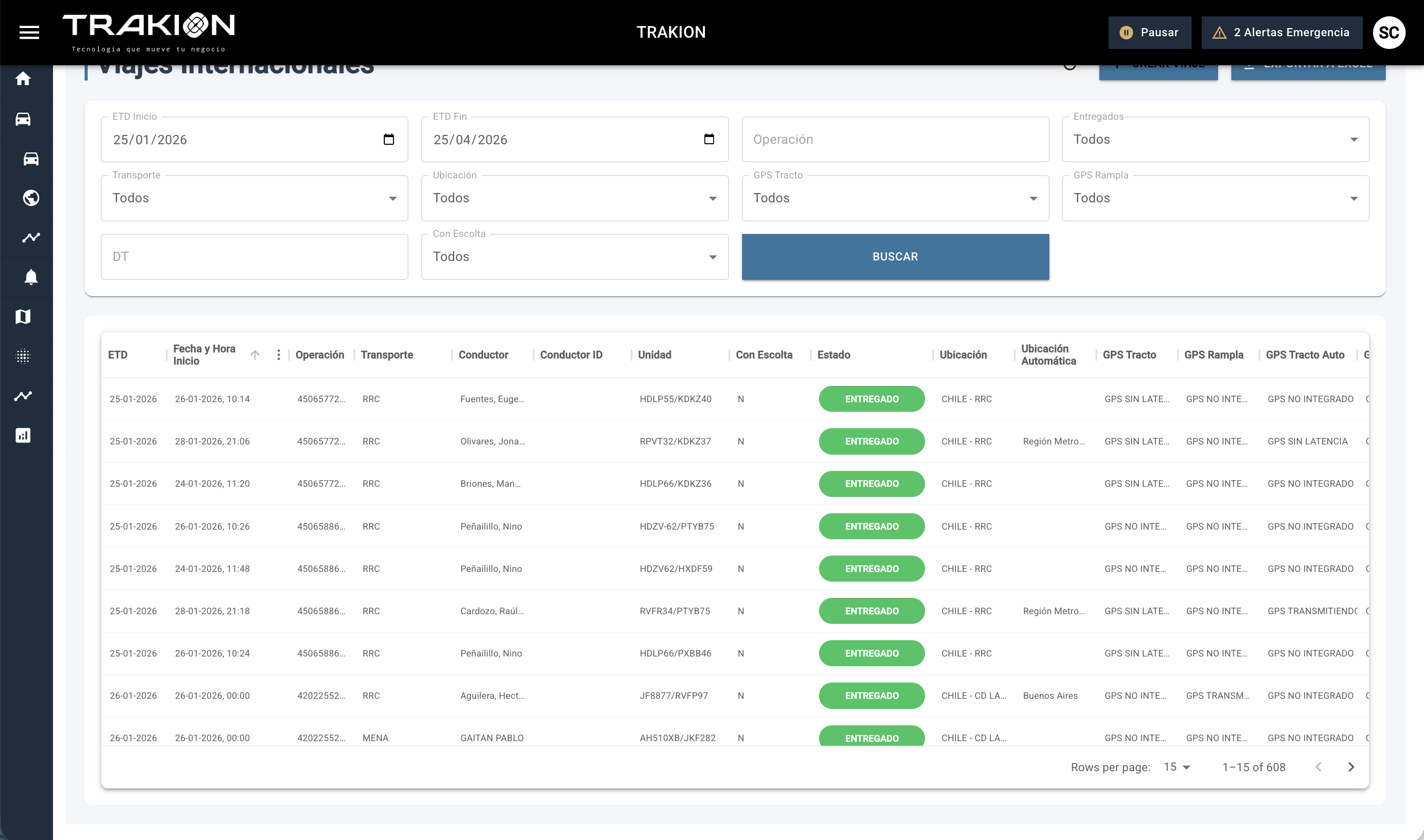 Trip control and traceability on the Trakion platform — fleet management Chile